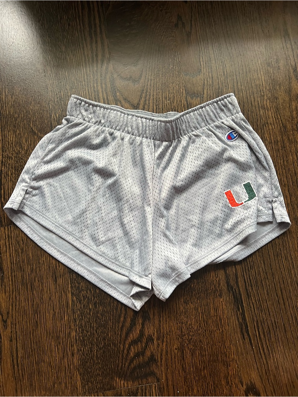 Champion Light Gray Mesh Athletic Shorts with University of Miami Logo